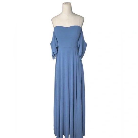 LULUS | Abbington Denim Blue Off-the-Shoulder Maxi Dress in Size Small - Picture 5 of 8